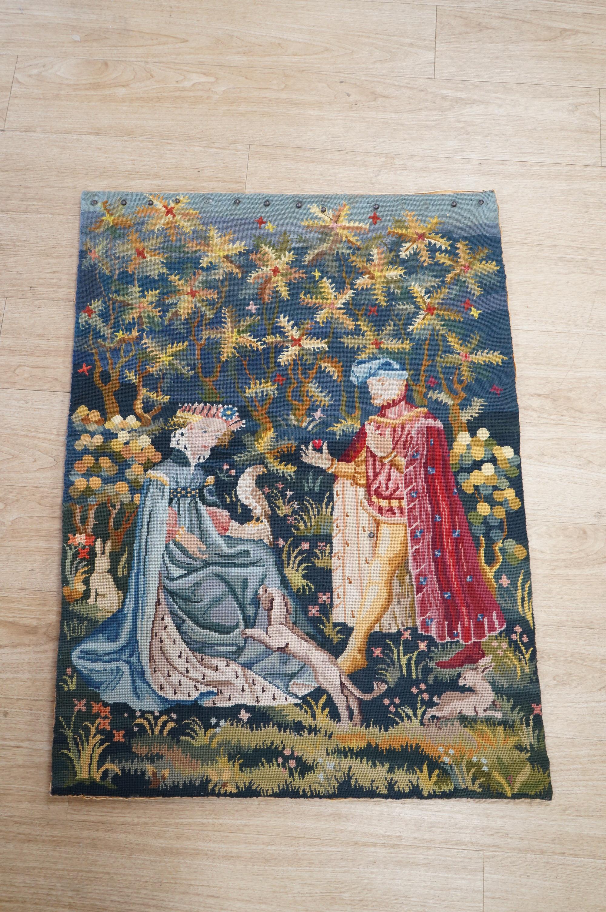 A group of three large modern wool work unframed panels together with two similar framed panels, largest framed panel 138cm x 86cm